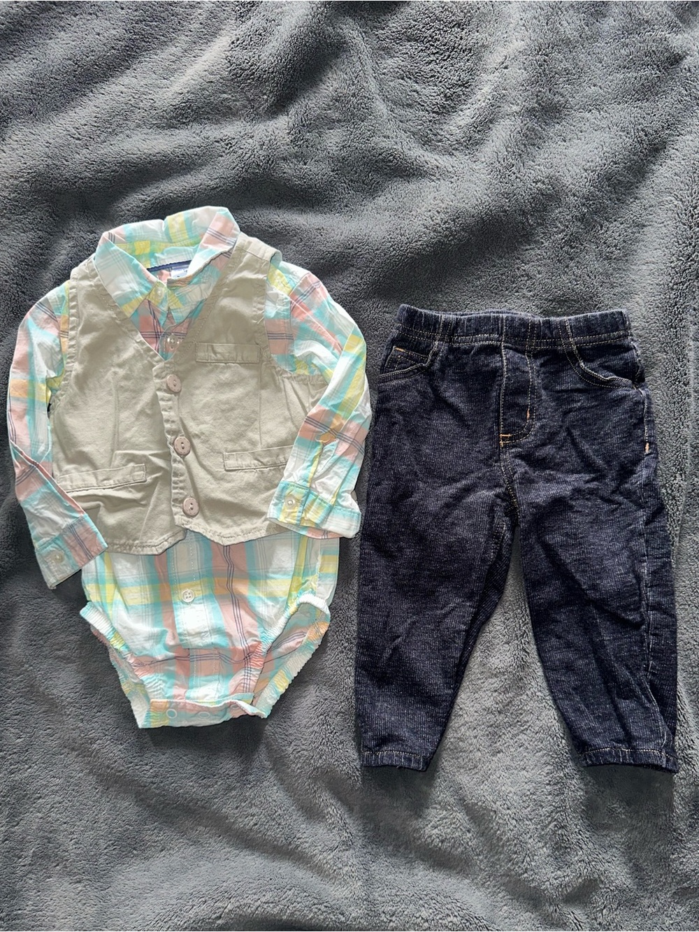 Carter’s Baby Boy Pastel Plaid Button-Up Bodysuit with Cream Vest and blue pants